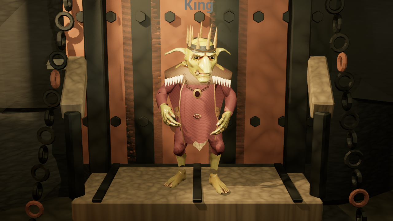 A goblin king in a red robe stands before an enormous wooden throne.
